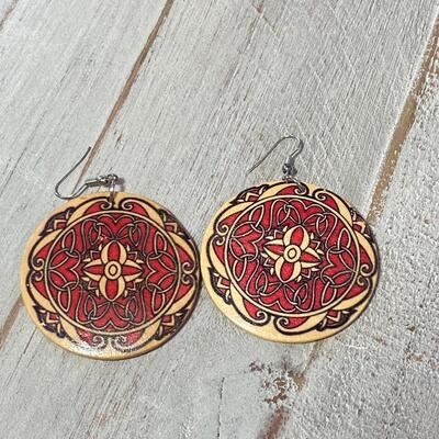 Pair of Lightweight Red & Black Painted Stained Wood Disc Earrings