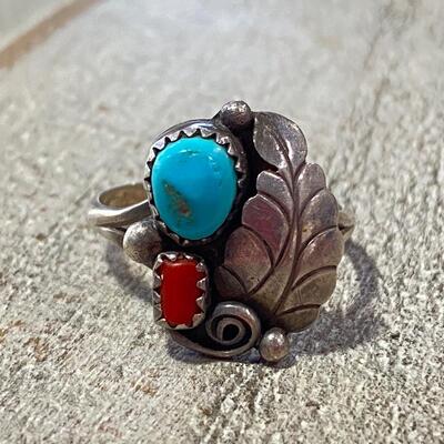 Old Pawn Sterling Silver Turquoise Red Coral Southwestern Navajo Artist Yazzie Hallmarked Ring