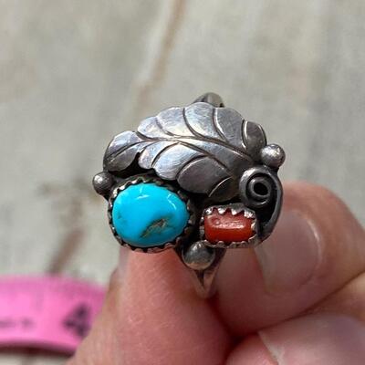 Old Pawn Sterling Silver Turquoise Red Coral Southwestern Navajo Artist Yazzie Hallmarked Ring