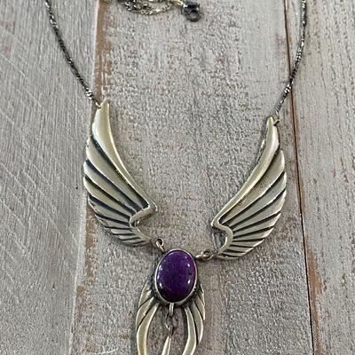 Sterling Silver Valkyrie Pharaoh Purple Polished Stone Pendant Statement Necklace