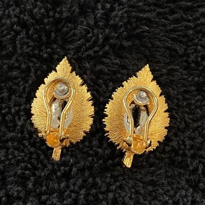 Vintage Gold Tone & Rhinestone Leaf Shaped Clip Style Earrings