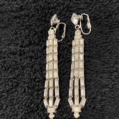 Vintage Clip Style Rhinestone Baguette Drop Earrings