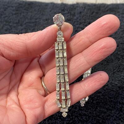 Vintage Clip Style Rhinestone Baguette Drop Earrings