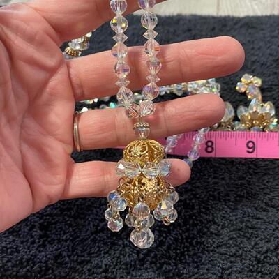 Vintage Clear AB Glass Beaded Necklace & Clip Style Dangle Drop Earrings