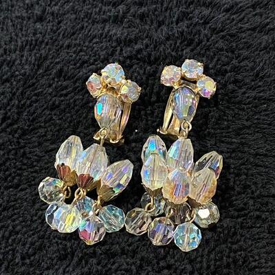 Vintage Clear AB Glass Beaded Necklace & Clip Style Dangle Drop Earrings