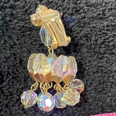 Vintage Clear AB Glass Beaded Necklace & Clip Style Dangle Drop Earrings