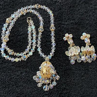 Vintage Clear AB Glass Beaded Necklace & Clip Style Dangle Drop Earrings