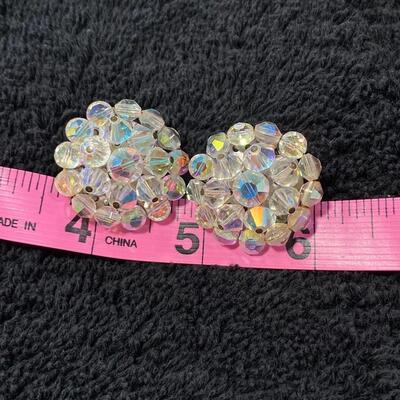 Multi Strand Glass Clear AB Beaded Choker Necklace w Button Clip Style Earrings