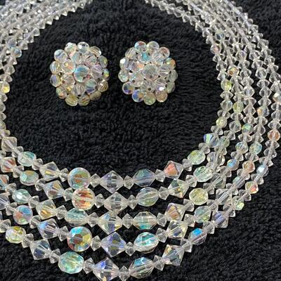 Multi Strand Glass Clear AB Beaded Choker Necklace w Button Clip Style Earrings