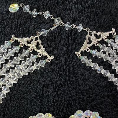 Multi Strand Glass Clear AB Beaded Choker Necklace w Button Clip Style Earrings