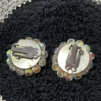 Multi Strand Glass Clear AB Beaded Choker Necklace w Button Clip Style Earrings