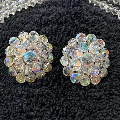Multi Strand Glass Clear AB Beaded Choker Necklace w Button Clip Style Earrings