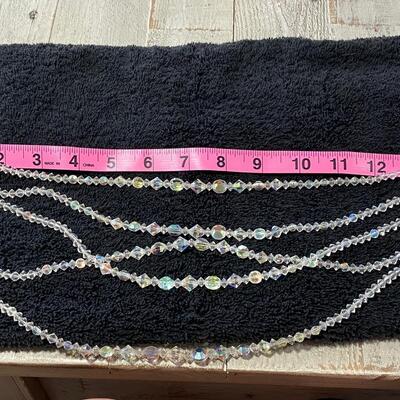 Multi Strand Glass Clear AB Beaded Choker Necklace w Button Clip Style Earrings
