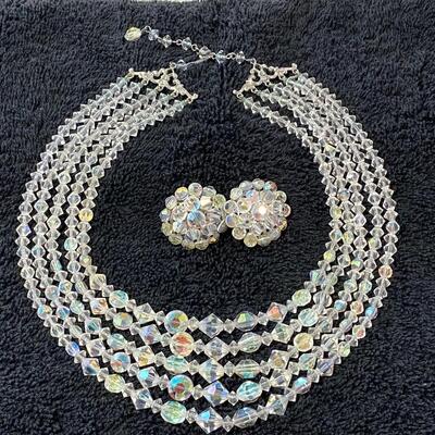 Multi Strand Glass Clear AB Beaded Choker Necklace w Button Clip Style Earrings