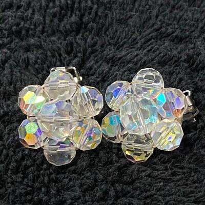 Vintage Crystal Clear AB Glass Beaded Brooch Pin w Matching Button Clip Earrings
