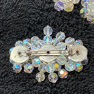 Vintage Crystal Clear AB Glass Beaded Brooch Pin w Matching Button Clip Earrings