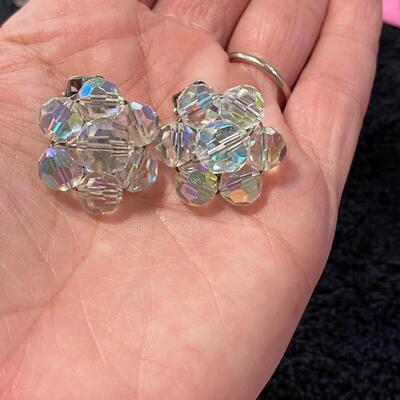 Vintage Crystal Clear AB Glass Beaded Brooch Pin w Matching Button Clip Earrings