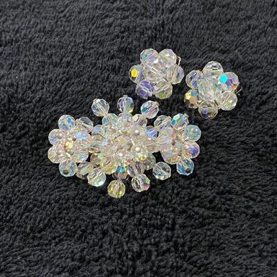 Vintage Crystal Clear AB Glass Beaded Brooch Pin w Matching Button Clip Earrings