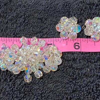 Vintage Crystal Clear AB Glass Beaded Brooch Pin w Matching Button Clip Earrings