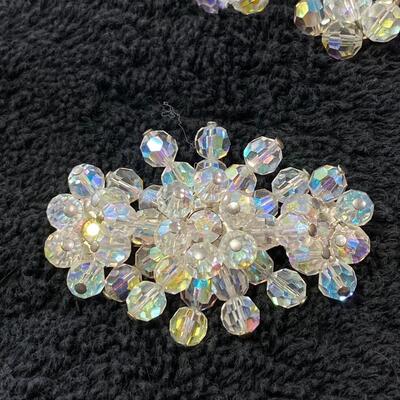 Vintage Crystal Clear AB Glass Beaded Brooch Pin w Matching Button Clip Earrings