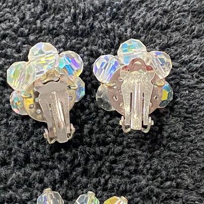 Vintage Crystal Clear AB Glass Beaded Brooch Pin w Matching Button Clip Earrings