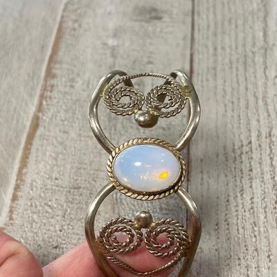 Silver Tone Cuff Bracelet Moonstone Opalescent Cabochon Center