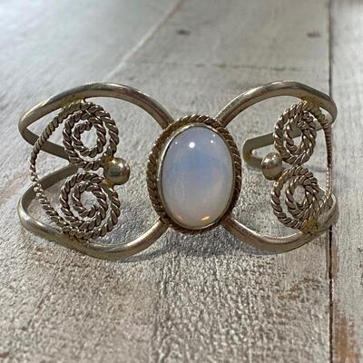 Silver Tone Cuff Bracelet Moonstone Opalescent Cabochon Center