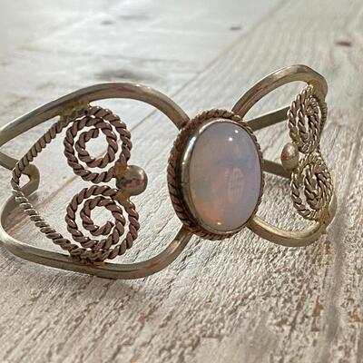 Silver Tone Cuff Bracelet Moonstone Opalescent Cabochon Center