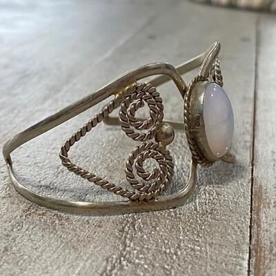 Silver Tone Cuff Bracelet Moonstone Opalescent Cabochon Center