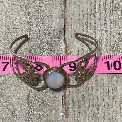 Silver Tone Cuff Bracelet Moonstone Opalescent Cabochon Center