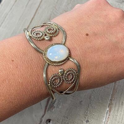 Silver Tone Cuff Bracelet Moonstone Opalescent Cabochon Center