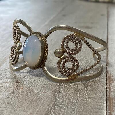 Silver Tone Cuff Bracelet Moonstone Opalescent Cabochon Center