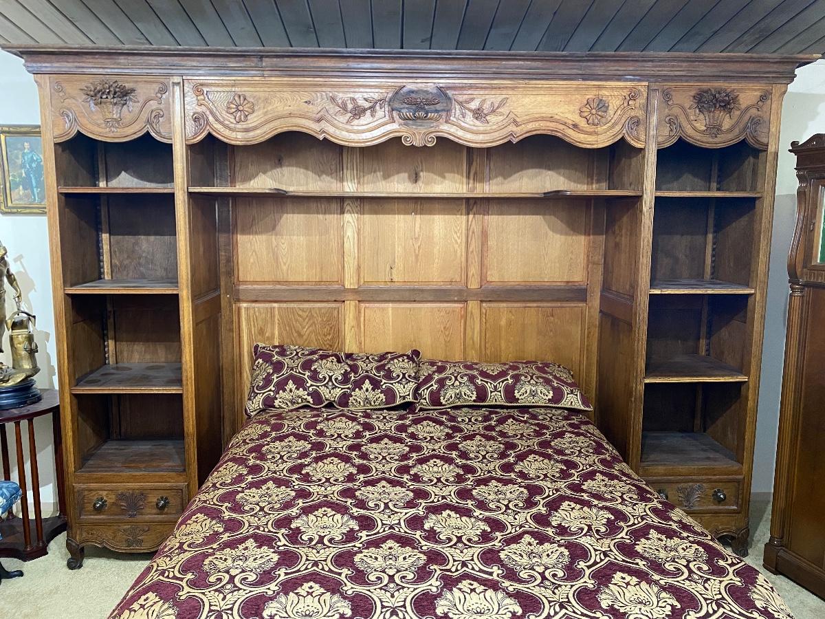 Large Antique Wood Captains Bed Bookcase Headboard Wall Unit