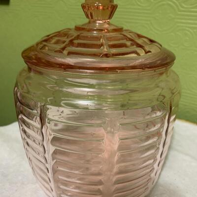 Vintage Anchor Hocking Manhattan pink beehive  biscuit jar