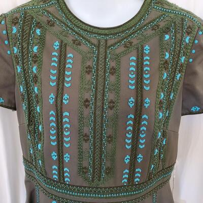 Valentino mini dress, khaki green cotton with turquoise beads and green embroidery. New with tags - never worn