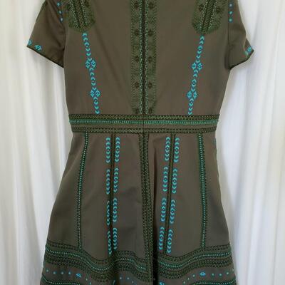 Valentino mini dress, khaki green cotton with turquoise beads and green embroidery. New with tags - never worn