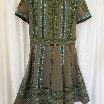Valentino mini dress, khaki green cotton with turquoise beads and green embroidery. New with tags - never worn