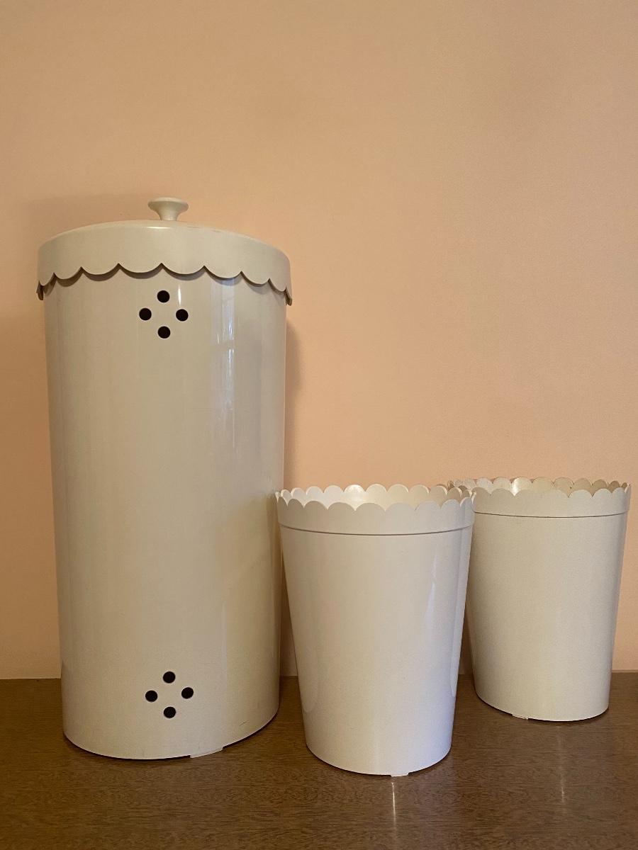 Lot 201 Vintage White Hamper and Trash Can set