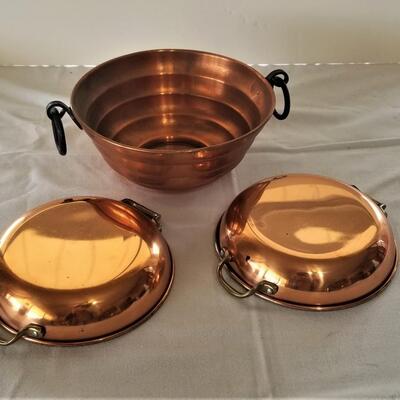 Lot #91  3 Piece Copper Lot - bowl, 2 saute pans