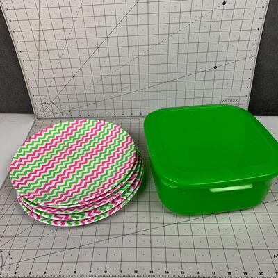 #255 Pink/Green Chevron Plates & Plastic Food Storage Box