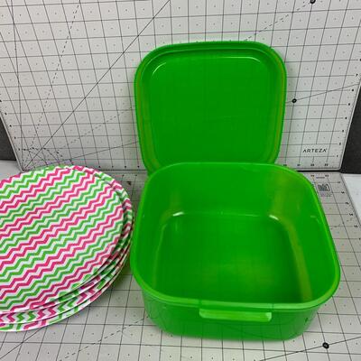 #255 Pink/Green Chevron Plates & Plastic Food Storage Box