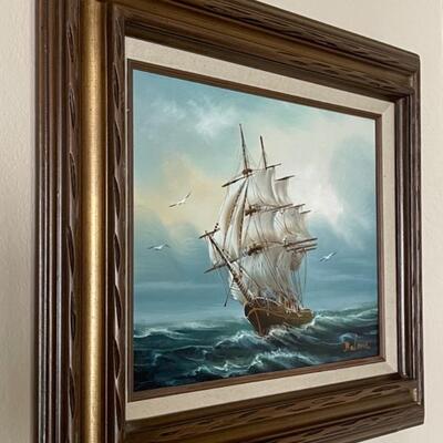 LOT 52:Vintage MCM Framed Art - Oil Painting Nautical Clipper Ship, Artist Signed