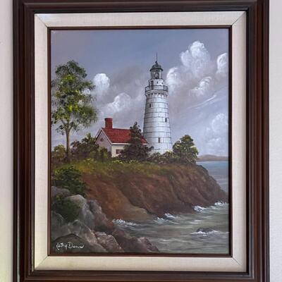 LOT 55:Vintage Framed Art - Oil Painting American Lighthouse, Artist Signed