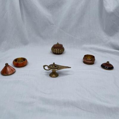 3 miniature pots with lids and 1 miniature brass genie incense burner