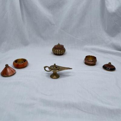 3 miniature pots with lids and 1 miniature brass genie incense burner