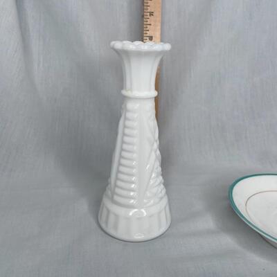 Milk Glass Vase, Porcelain Vase, Blue White Saucer