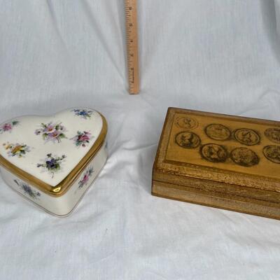 Gold Trimmed Decorated Heart Shaped Porcelain And Vintage Gold Box with Latch