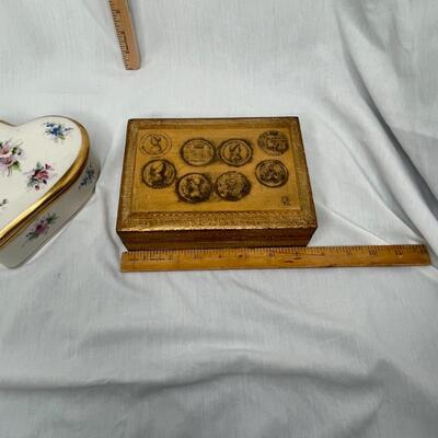 Gold Trimmed Decorated Heart Shaped Porcelain And Vintage Gold Box with Latch
