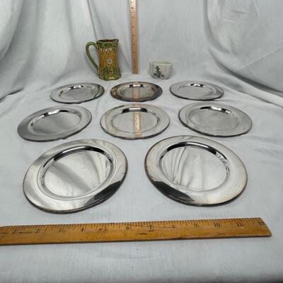 8 silver plated plates, charges, or coasters and English sugar dish and porcelain pitcher