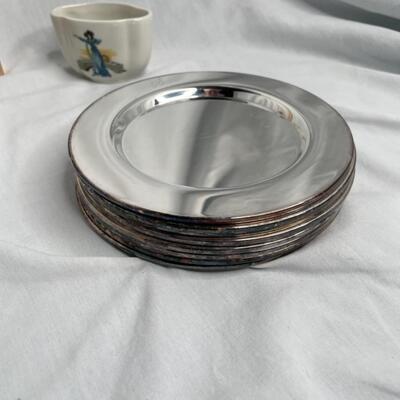 8 silver plated plates, charges, or coasters and English sugar dish and porcelain pitcher